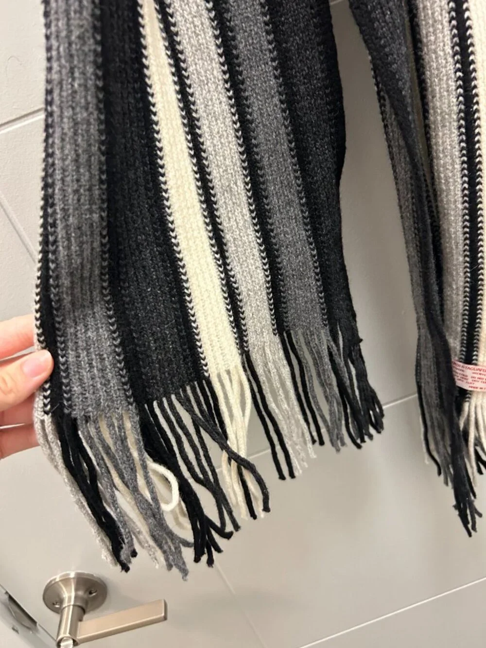 Nardi & Tagliaferri Wool Scarf Fringe Black Cream Striped Made in Italy 10